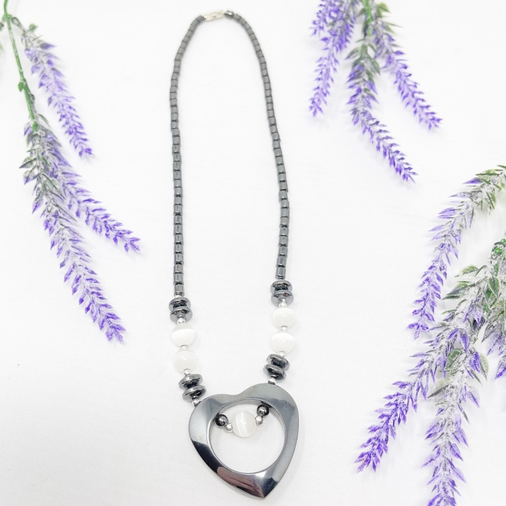 Vintage Hematite White Cats Eye Moonstone Heart Statement Necklace